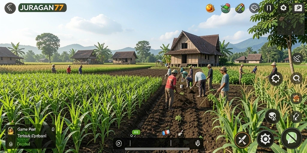 Tangkapan layar gameplay JURAGAN77 yang menunjukkan proses bertani.