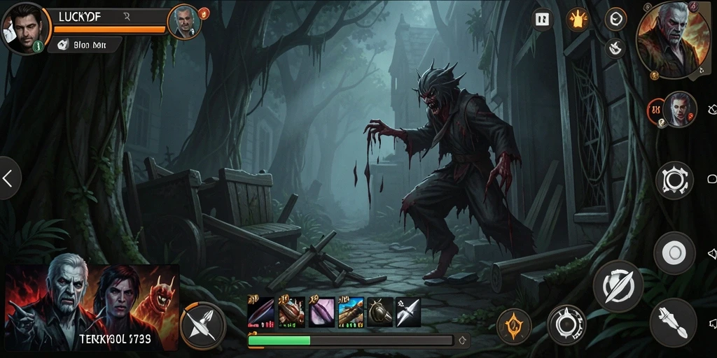 Screenshot gameplay LUCKYDF menampilkan suasana mencekam dan monster mengerikan.