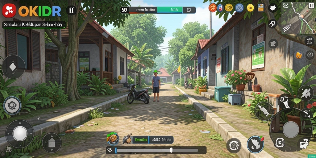 Tampilan gameplay <strong>OKIDR</strong> yang menggambarkan simulasi kehidupan sehari-hari.