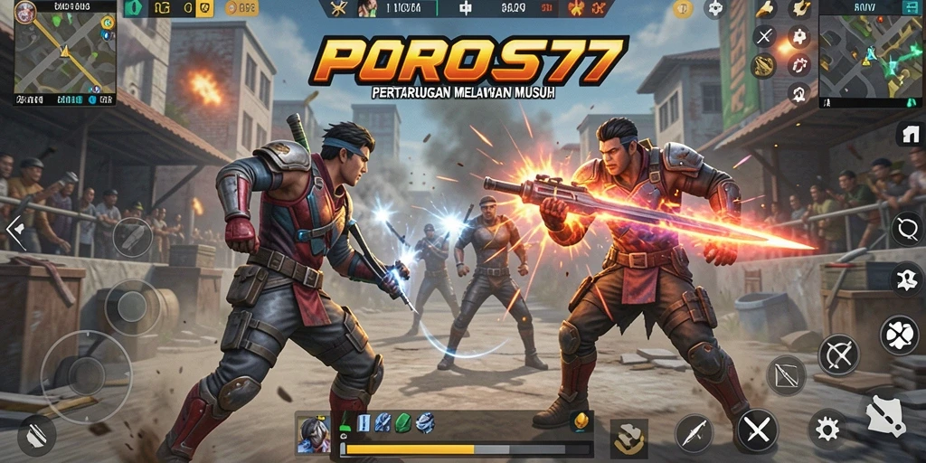 Tangkapan layar gameplay POROS77 yang menampilkan aksi pertempuran sengit.