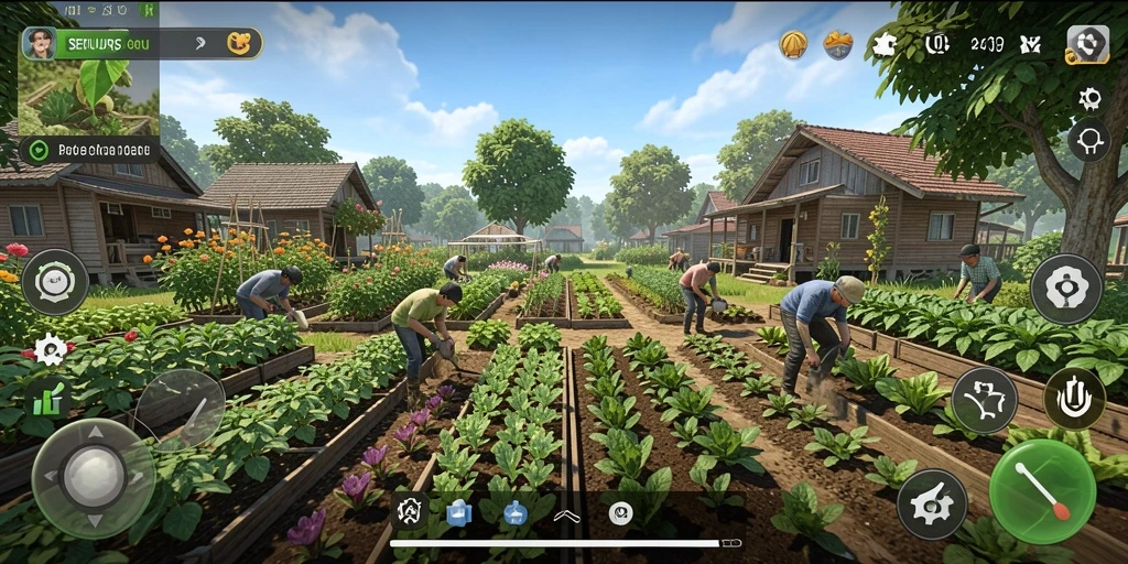 Tangkapan layar SERURP menunjukkan pemain sedang berkebun dengan berbagai tanaman.