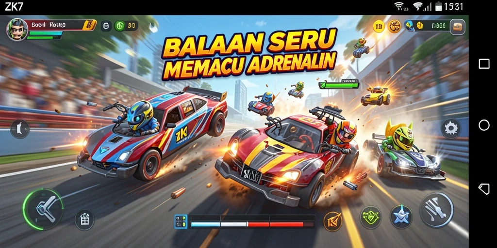 Tampilan gameplay ZK7 dengan mobil balap yang melaju kencang.